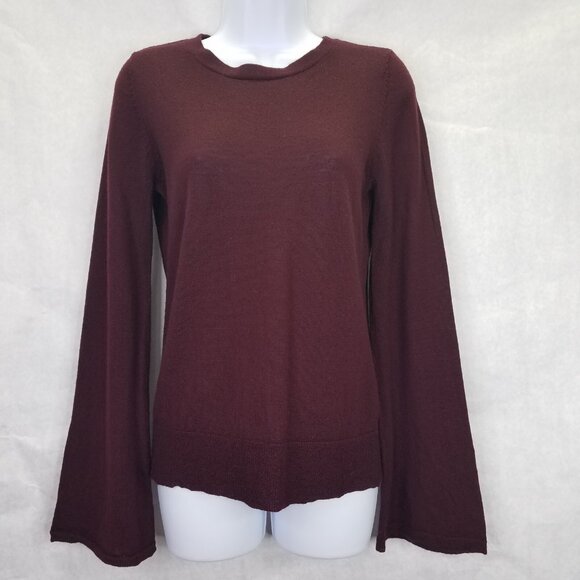 Nanette Lepore Sweater Women's S Burgundy Tie Back Fine Merino Wool Bell Sleeve - Picture 2 of 12